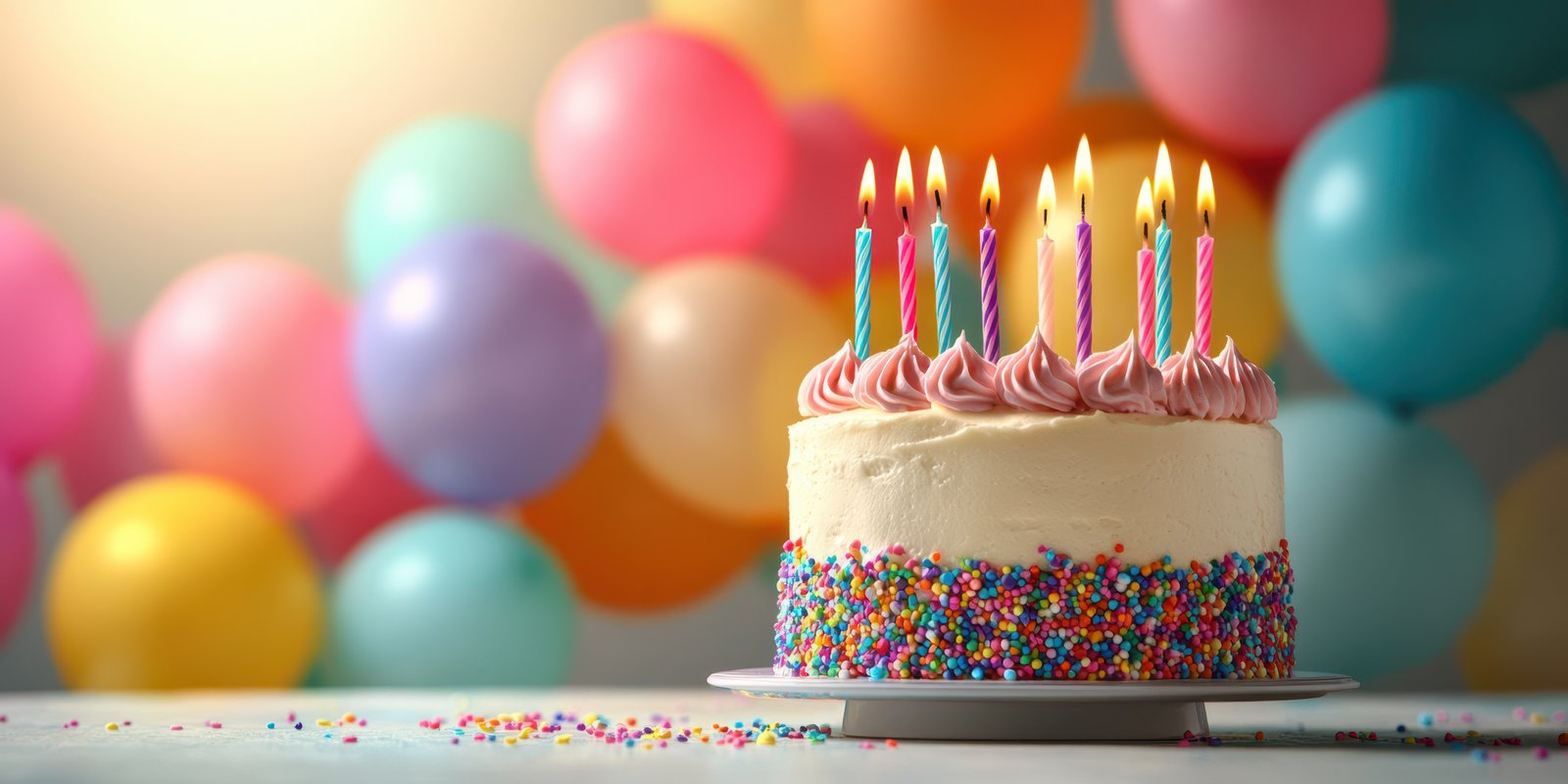Celebrate a joyous birthday with a colorful cake and glowing candles surrounded by vibrant balloons